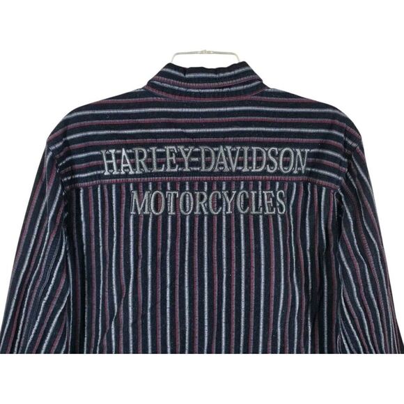 Harley Davidson Button Up Shirt Mens L Black Gray Striped LS Embroidered Logo - Picture 5 of 13